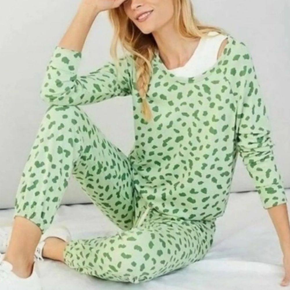 Sundry Anthropologie Green Motif Sweatshirt Joggers Lounge Pajama Set 2 Medium